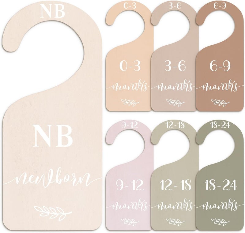 Whaline 7Pcs Earth Tone Wood Baby Closet Size Dividers with Velvet Bag Newborn to 24 Month Thicken Infant Wardrobe Hanger Organizers for Home Nursery Party Favors Supplies - Image 1